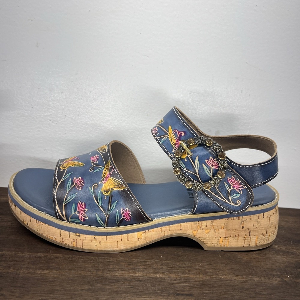 L'Artiste Spring Step Butterfly Cork Wedge Sandals 41 Blue Floral Buckle Kenna - Picture 5 of 11